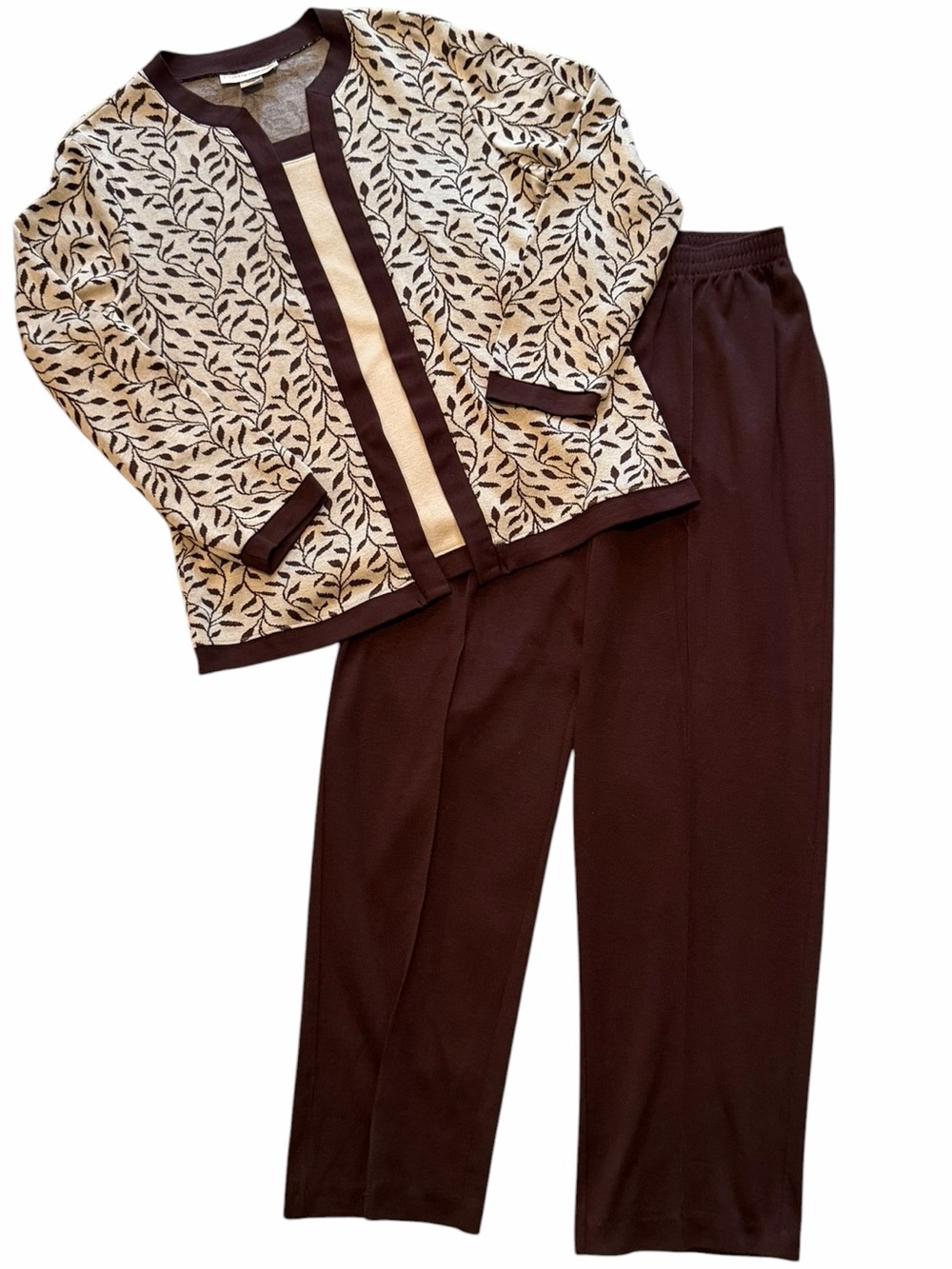 Women's Cathy Daniels Brown & Beige Leaf Print Pants Set L